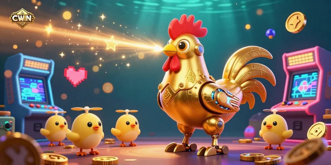 CWIN presents a vibrant casino scene featuring a golden rooster robot surrounded by playful chick drones, immersed in dynamic gaming elements.