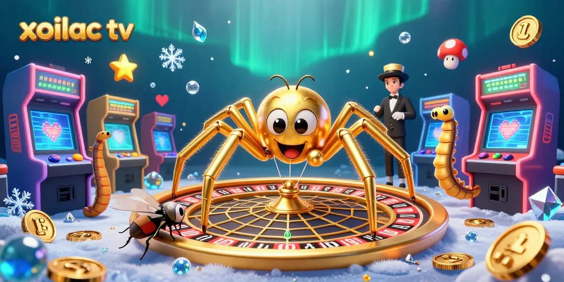 Xoilac TV brings excitement as a golden spider spins a roulette web while a fly bets nervously.