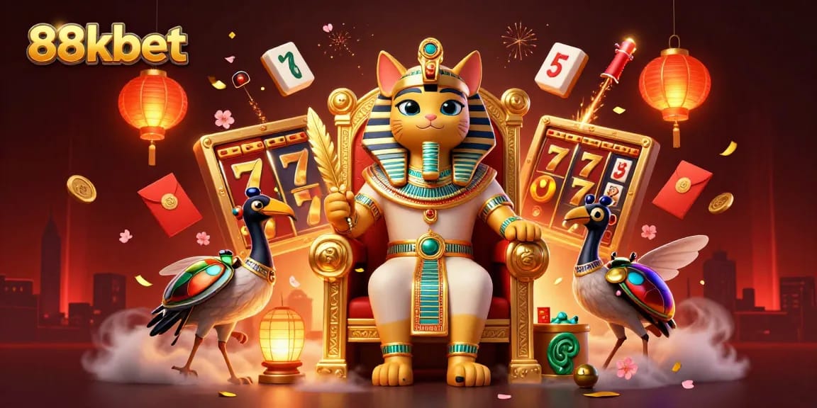Experience thrilling gaming at 88kbet with an ultra-detailed pharaoh scene filled with vibrant, engaging casino elements.