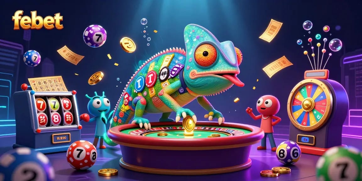 Bet on febet with vibrant casino elements and a chameleon owner capturing golden coins.