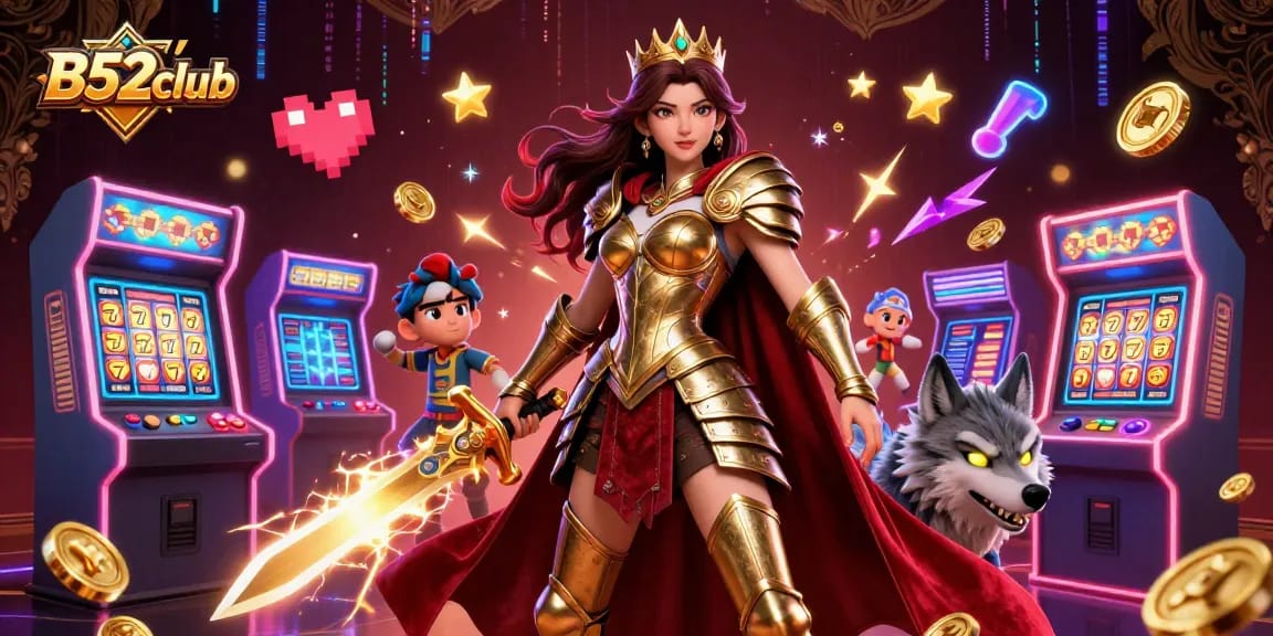 B52club showcases a warrior queen and wolf in a vibrant casino game scene filled with slot machine elements.