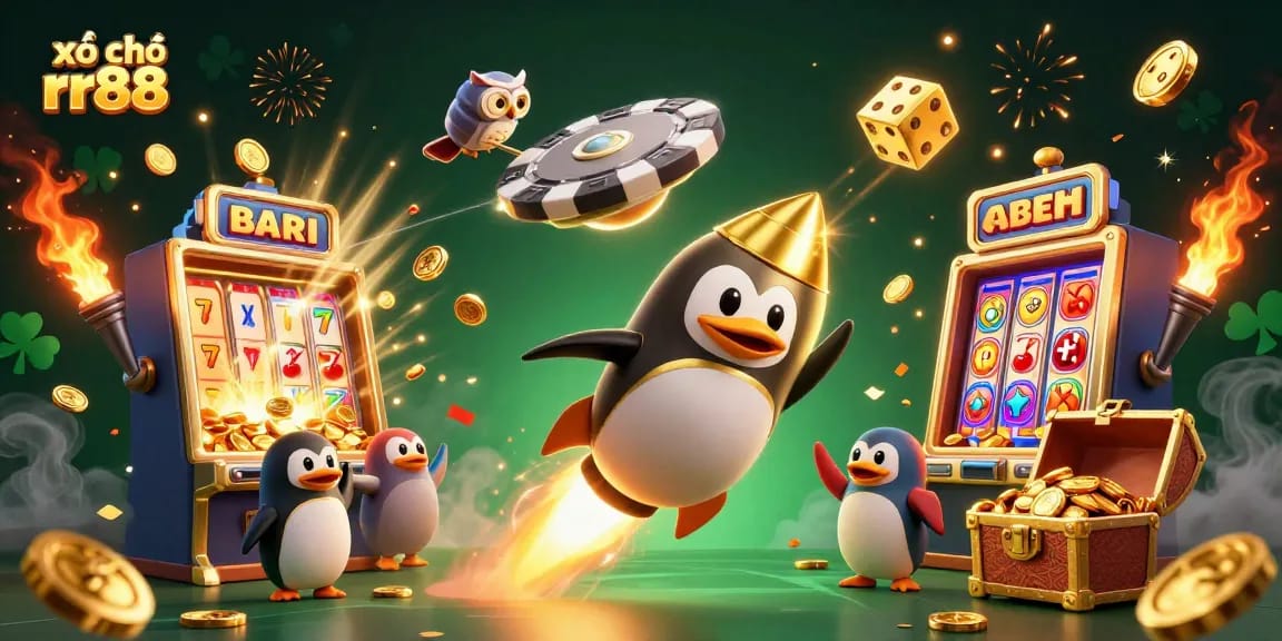 Spark excitement with xổ số rr88 as the golden penguin races through a dazzling casino universe.