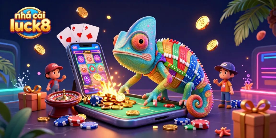 Engage with nhà cái luck8 through a vibrant 3D casino scene featuring colorful slot games.