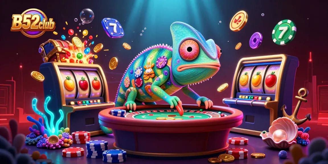 B52club captivates with a colorful 3D chameleon casino owner surrounded by vibrant slot reels and gold coins.