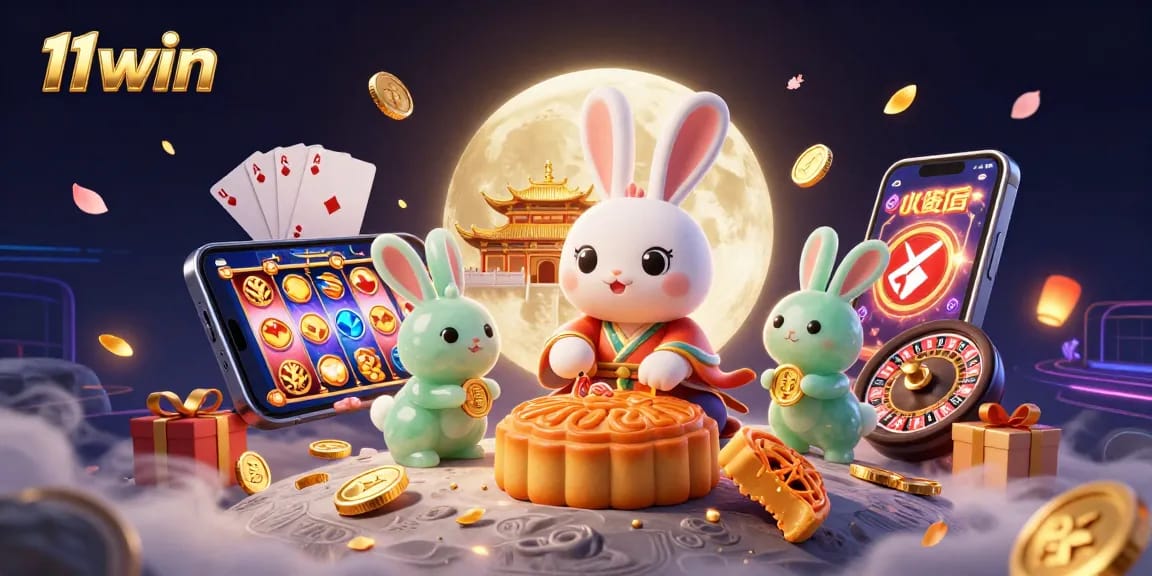 Engage with exciting casino themes in the lively illustration of 11win showcasing slot games and poker elements.