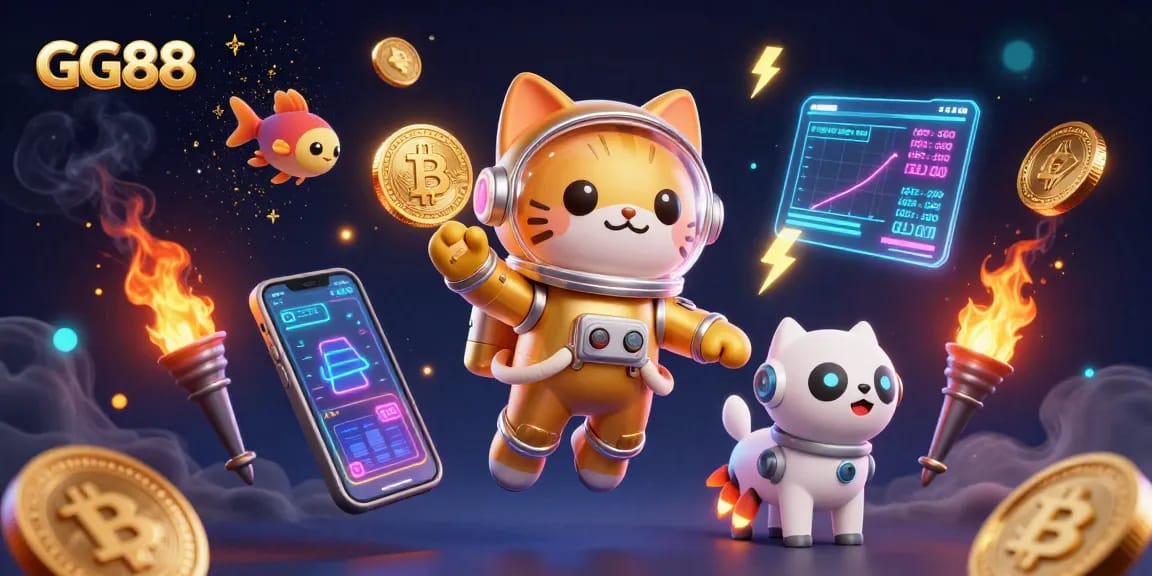 Experience GG88's vibrant online gaming world with a cosmic cat and robot dog amidst gold.