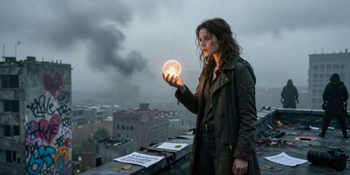Emma Thorne standing against a dystopian backdrop, embodying forbidden love in emotional awaken themes.