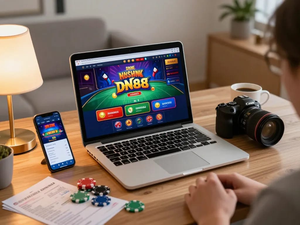 Engaging online gambling experience at trang chủ dn88 with vibrant laptop interface and cozy home setup