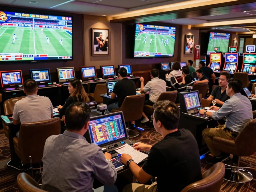 Bettors engage at the B52club sports betting lounge, analyzing odds on live screens.