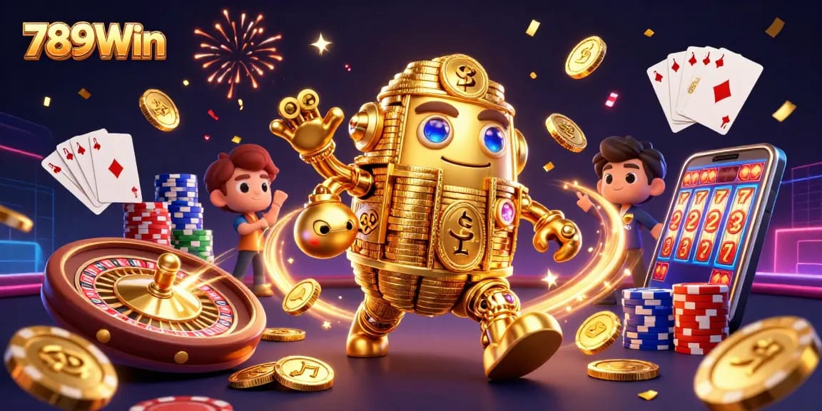 Experience 789Win's thrilling casino action with our vibrant golem surrounded by casino elements.