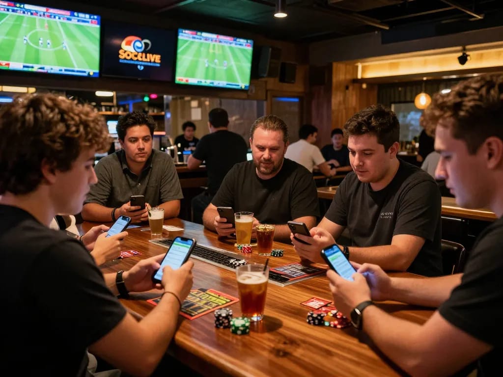 Socolive users excitedly placing bets while watching live sports matches at a vibrant betting bar