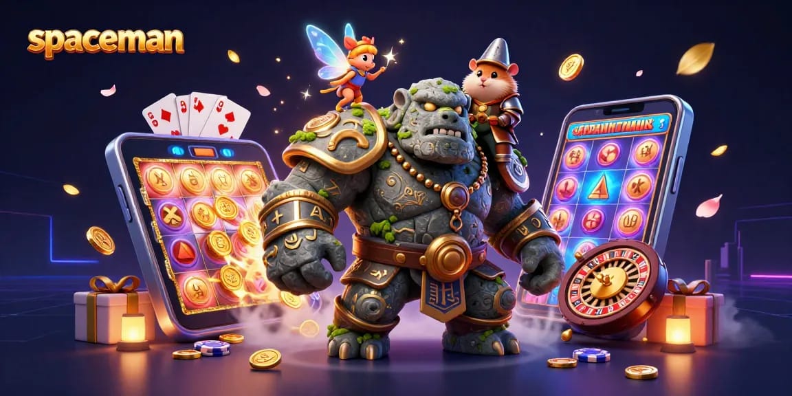 Engage with the spaceman slot game featuring a golem guardian and fairy amidst colorful casino elements.