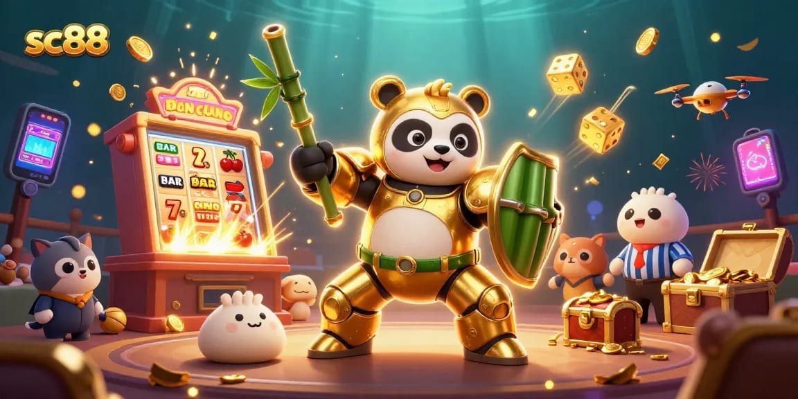 Experience the excitement at sc88 with a golden panda in a robotic arena bursting with winnings.