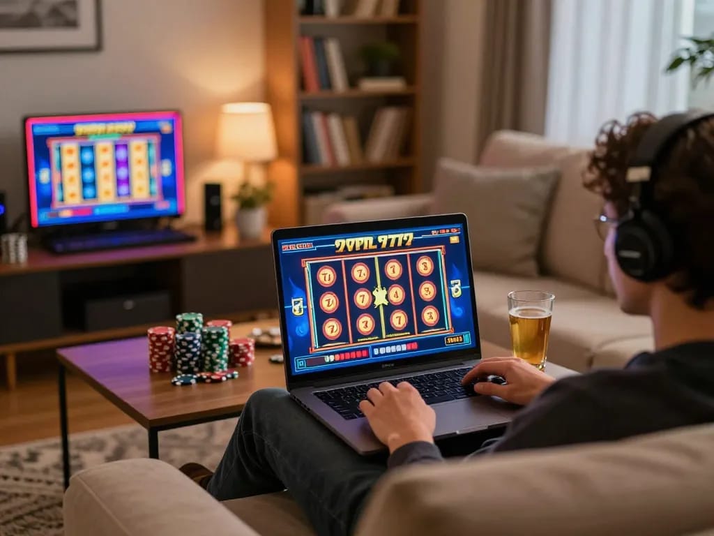 Player engages with a dynamic slot777 game on laptop, showcasing engaging online gambling content in a cozy setting.