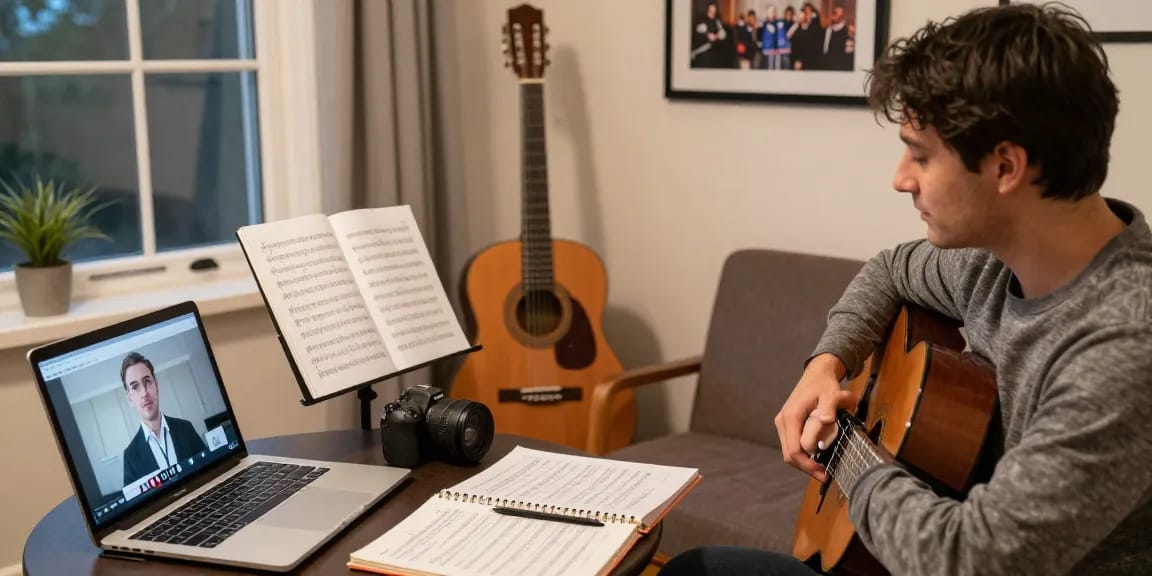 Private classical guitar lessons in a cozy home setting with instructor and sheet music.