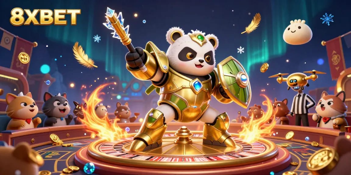Experience thrilling betting action at 8XBET with a mech-suit panda battling in a vibrant casino arena.