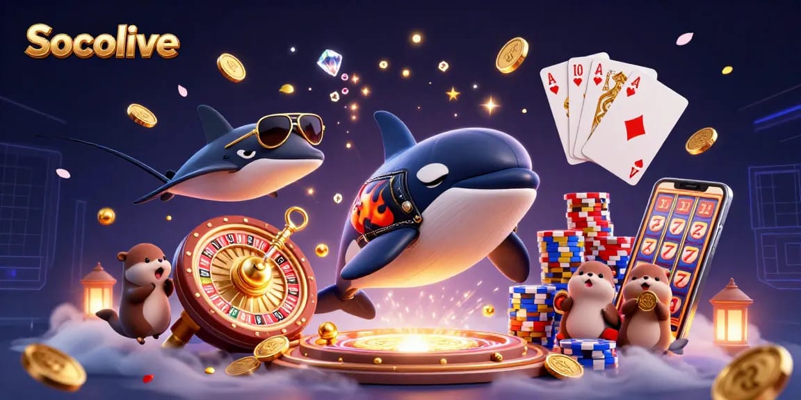 Socolive showcases a dynamic gambling scene with an orca whale and otters, featuring jewels and casino symbols.