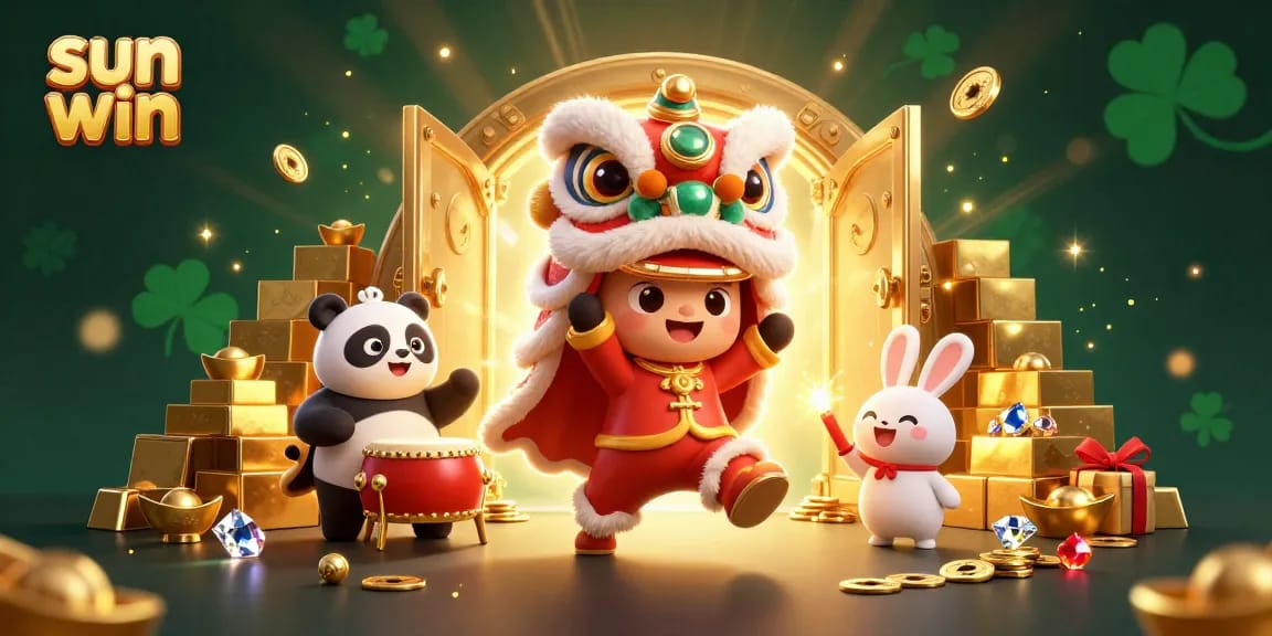 Experience exhilarating fun at sun win with cartoon lion dancing and dazzling treasures.