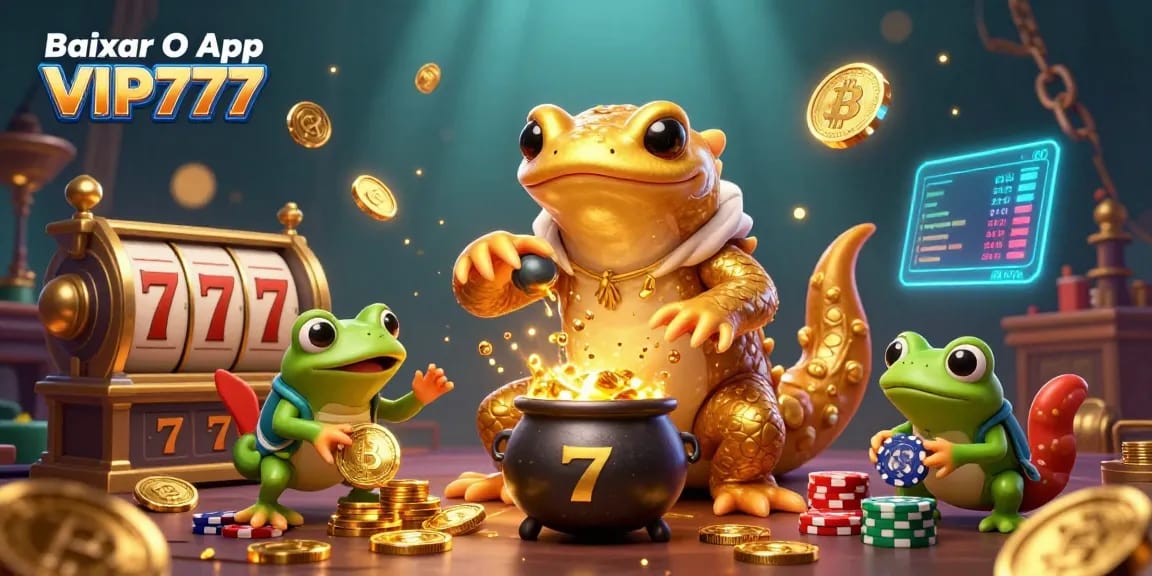 Engage in the excitement of casino gaming with Baixar O App VIP777, featuring characters and vibrant gold elements.