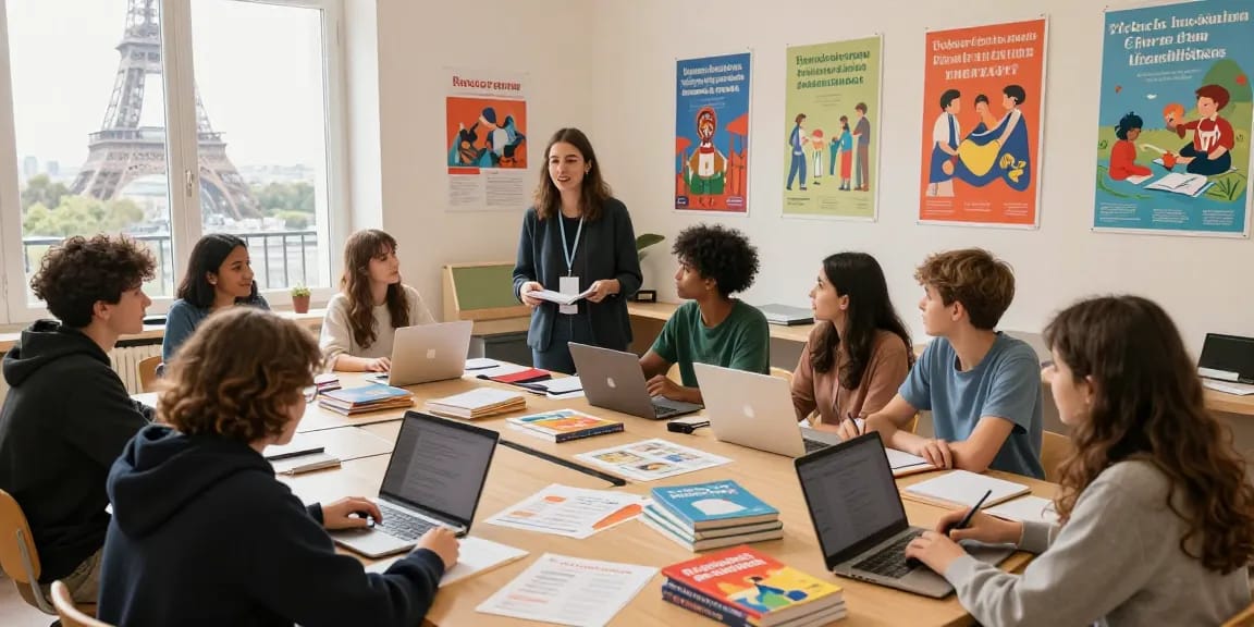Cursos de francés en Francia en un aula animada en París con estudiantes diversos aprendiendo activamente.