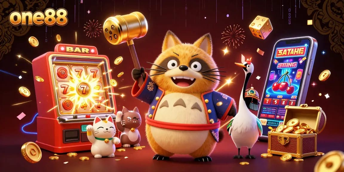 Exciting one88 slot experience with cheerful characters and vibrant casino elements.
