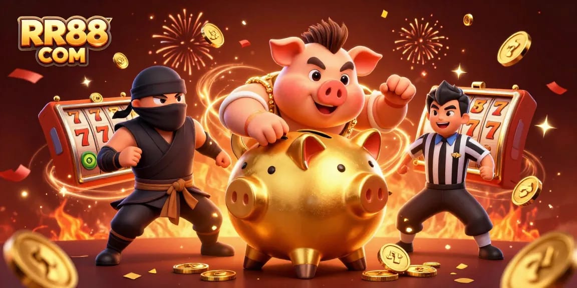 Experience thrilling jackpots with RR88 COM as the piggy bank wrestler commands a vibrant 3D casino scene