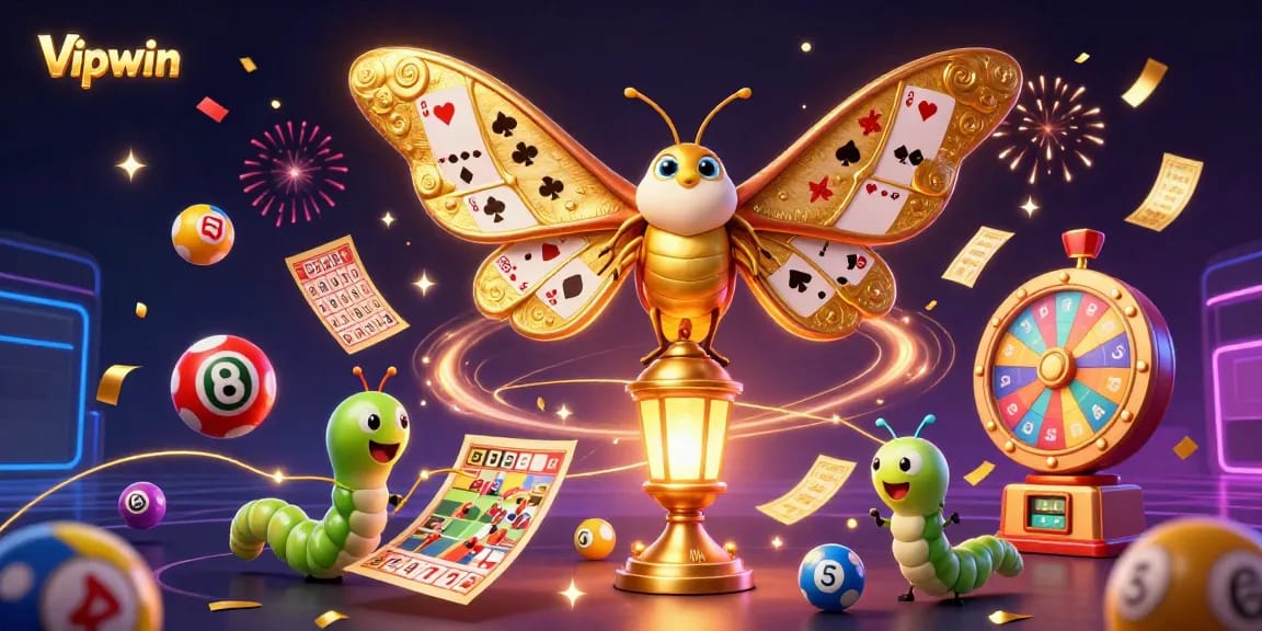 Experience thrilling gameplay with Vipwin, featuring a whimsical 3D moth amidst vibrant casino elements.