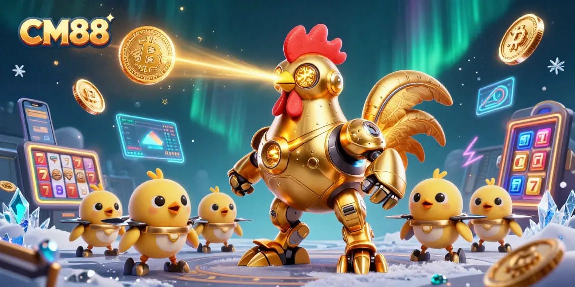 Engage with CM88's exciting golden rooster robot and dynamic slot elements in this immersive illustration.