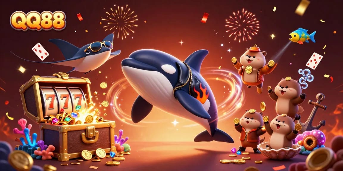 Join the fun at QQ88 featuring an orca, stingray, and otters in a vibrant casino setting!