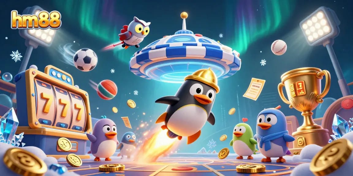 hm88 interactive slots scene featuring a golden penguin, vivid sports balls, and dynamic casino elements