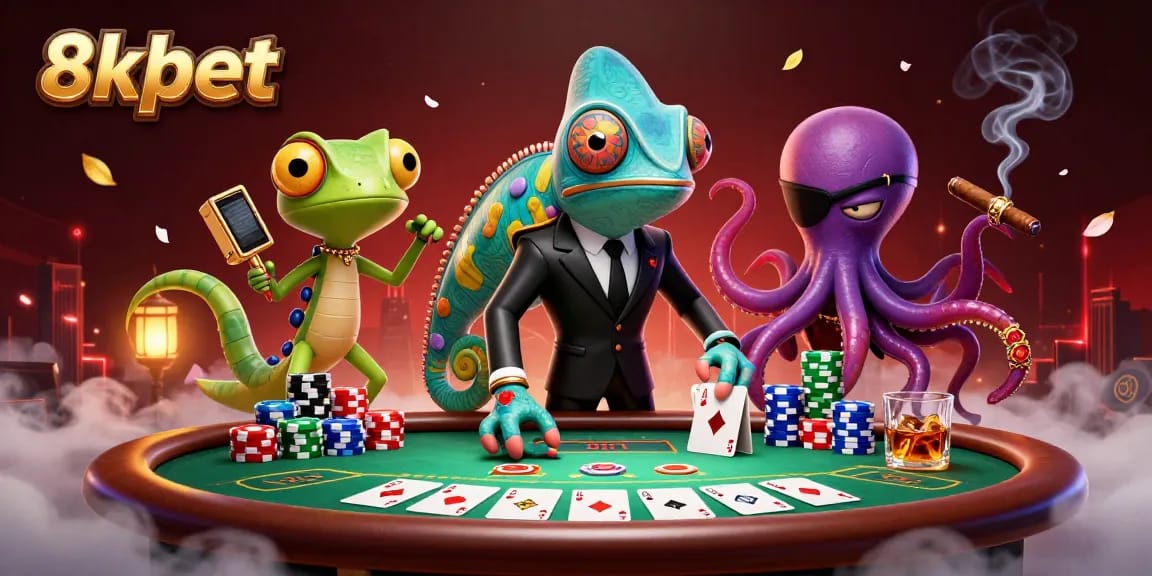 Play poker at 8xbet with a vibrant 3D illustration of thrilling casino characters and game elements.