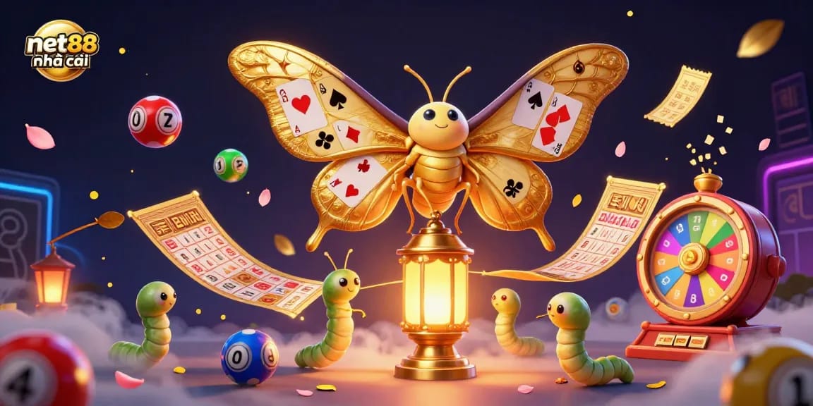 Engage with net88 nhà cái through a vibrant 3D illustration showcasing exciting lottery and casino elements.