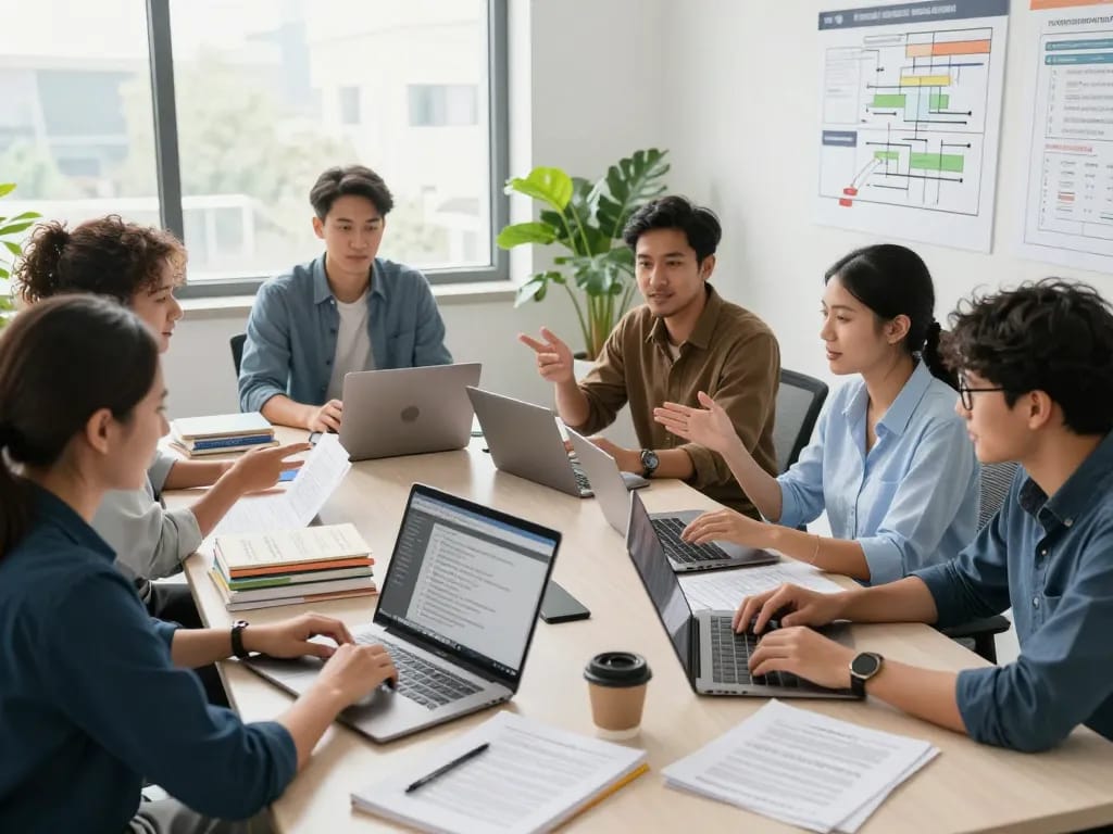 Team collaborating on high-quality 번역 서비스 in a modern office, showcasing translation workflows and diverse languages.