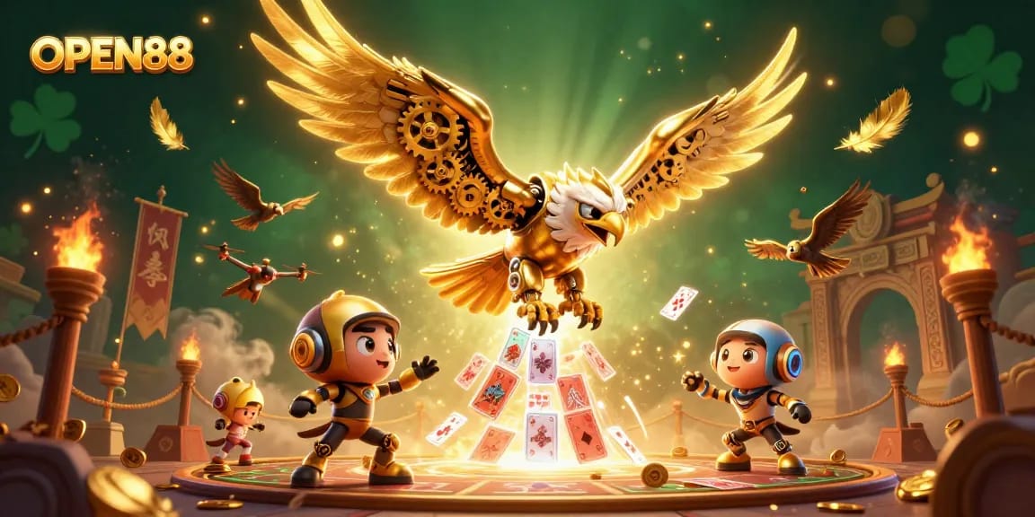 Engaging OPEN88 illustration showcasing a golden eagle amidst dynamic casino themes and vibrant gaming elements.