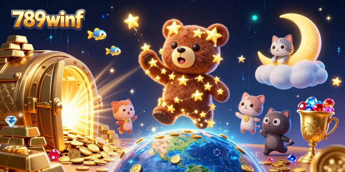 Win big with 789winf as a constellation bear scoops coins in a vibrant casino scene.
