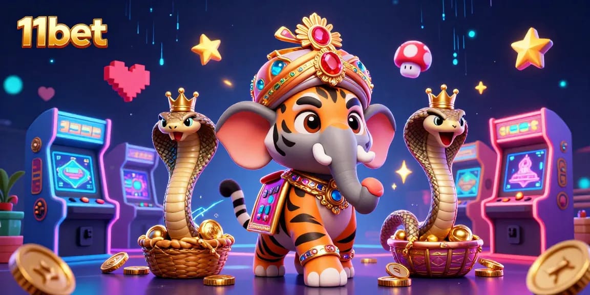 Engage with 11bet's vibrant 3D casino scene featuring an Indian maharaja tiger and rich game elements.