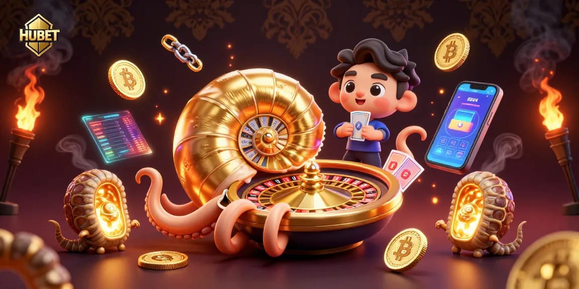Engage with HUBET's vibrant gaming experience featuring a giant nautilus roulette wheel and crypto elements.