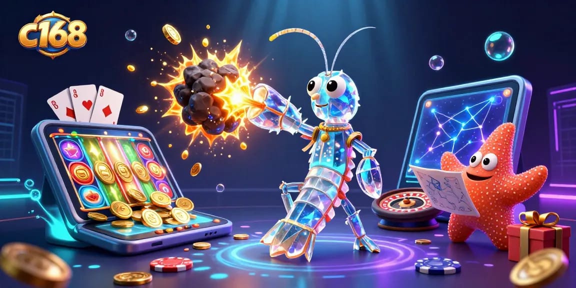 C168 players enjoy vibrant slot games as a galactic mantis shrimp character bursts through golden gems.