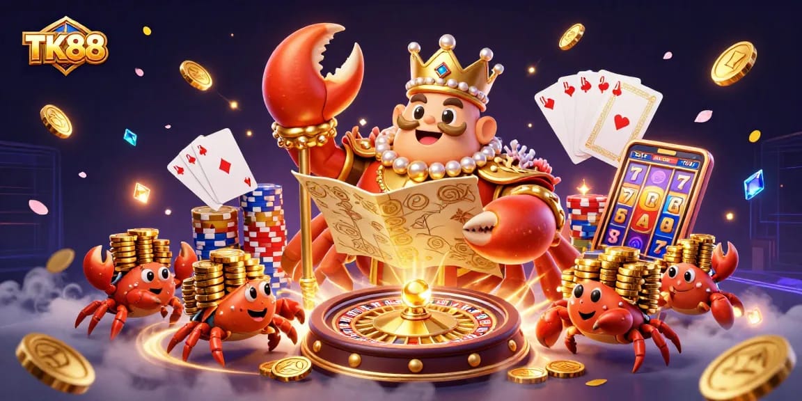Experience thrilling gameplay at TK88 with vibrant casino elements featuring a golden crab emperor
