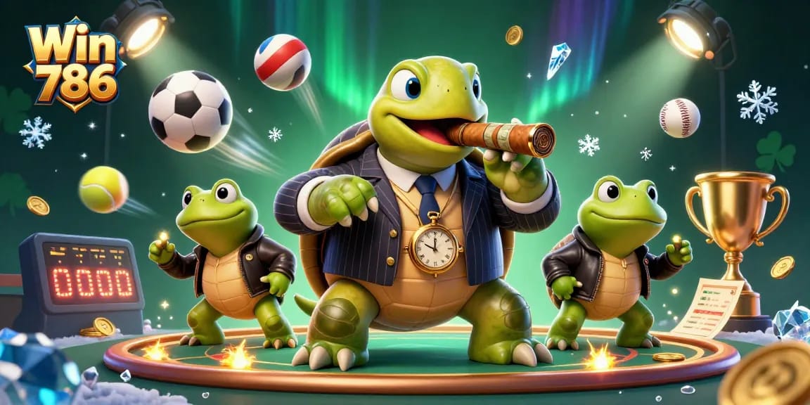 Win 786 showcases a lively casino scene with a turtle mobster and frog enforcers celebrating victory.