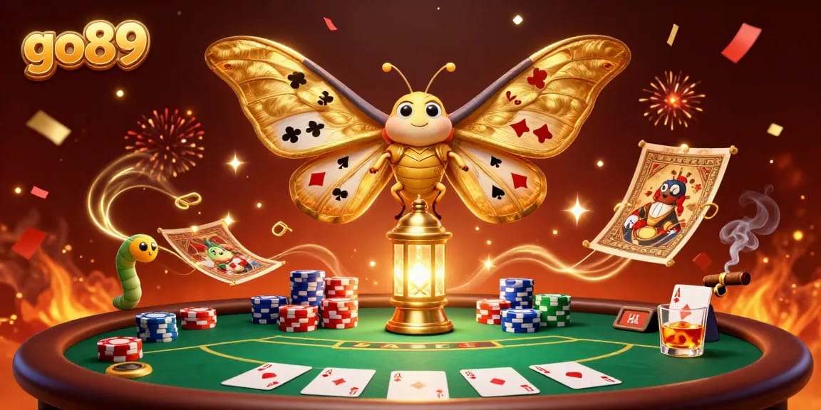 Experience the excitement of go89 with a vibrant casino scene featuring golden moths and poker elements.