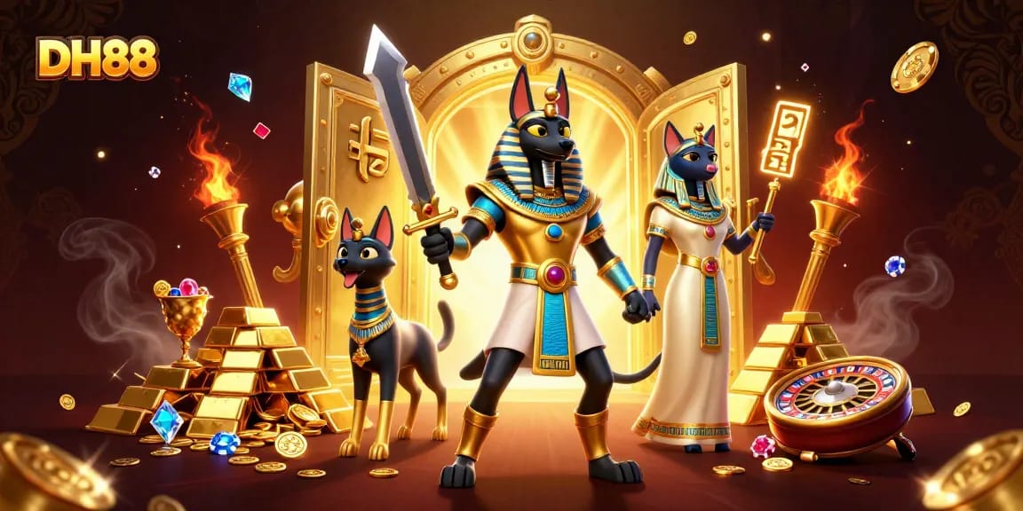 Win big with DH88 at the vibrant casino scene, featuring Anubis and Bastet surrounded by treasures.