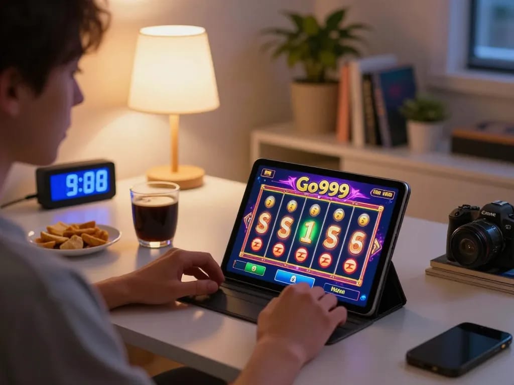 Player enjoying Go999 slots on a tablet in a cozy home setting