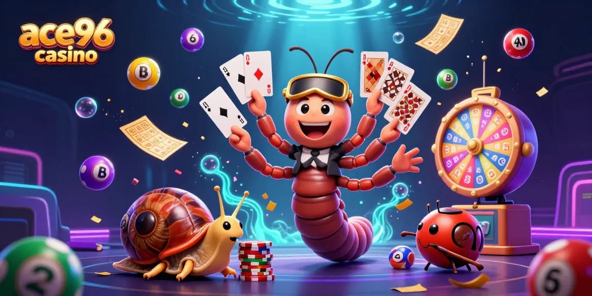 Immerse in ace96 casino excitement with a lively scene featuring a millipede dealer, chip-stacking snail, and dynamic gaming elements.