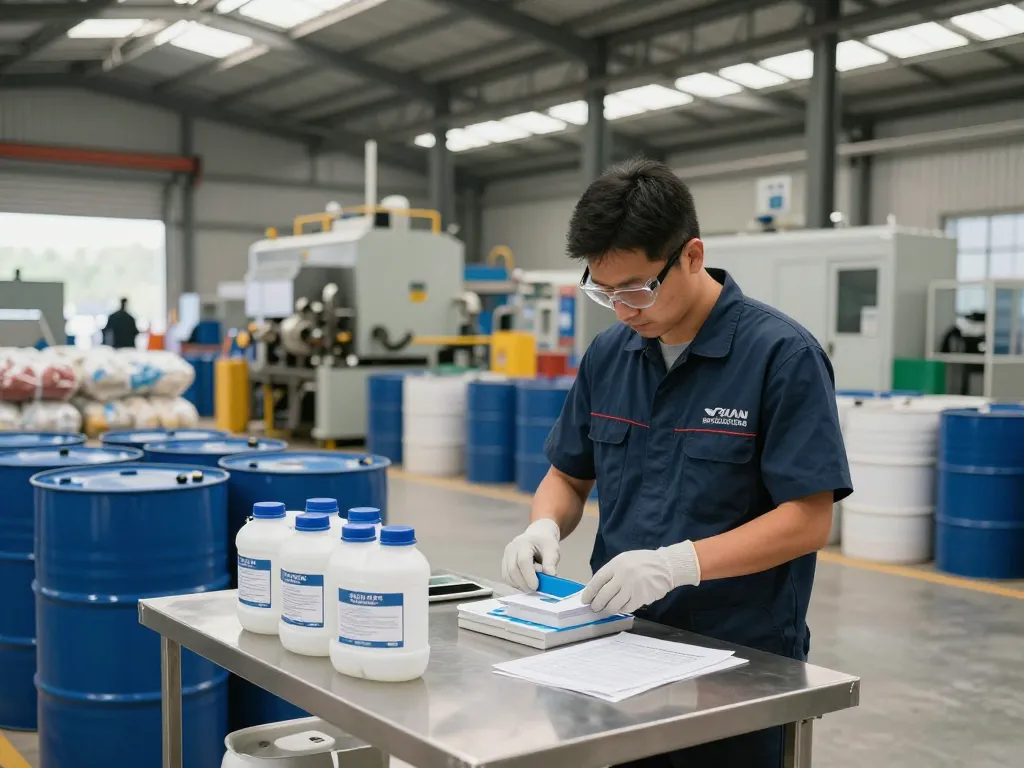 Petrochemical distributor inspecting quality control in a warehouse with chemical barrels, ensuring safety and quality.