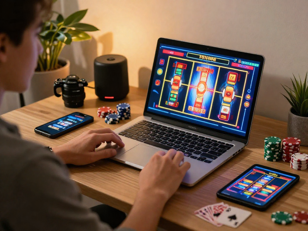 Giocatore felice impegnato in giochi di casino non aams sul laptop con accessori da gioco e atmosfera accogliente.