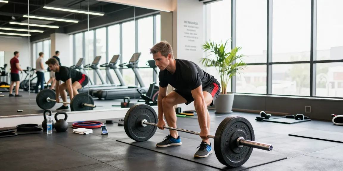 Entrenador en Esteroidesshop levantando pesas en un gimnasio moderno.