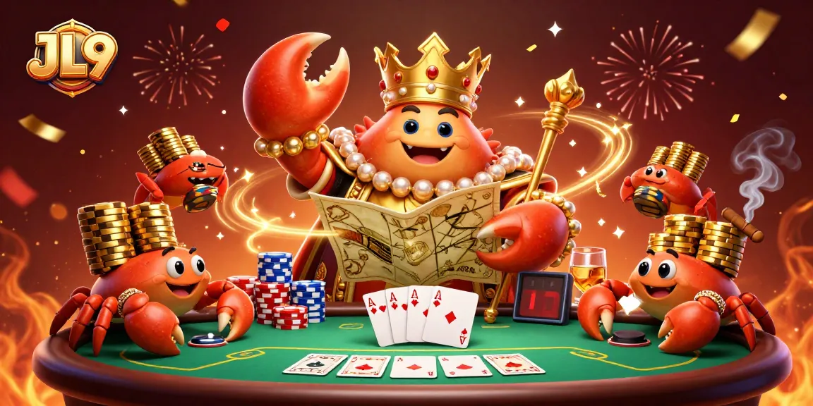 Experience thrilling gameplay at JL9 with a dazzling crab emperor, poker setups, and festive atmosphere.