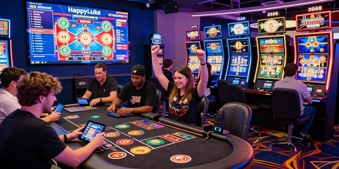 Players enjoying live casino games and slots at Happyluke in an exciting online gaming atmosphere.
