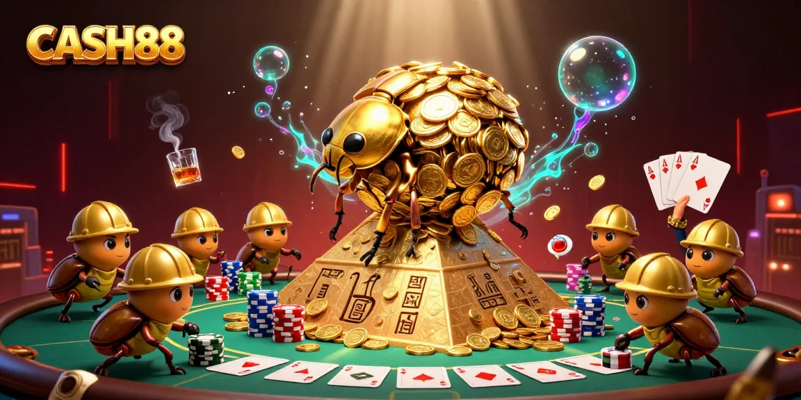 CASH88 showcases a cartoon beetle rolling gold coins in a vibrant casino setting, symbolizing exciting wagering.